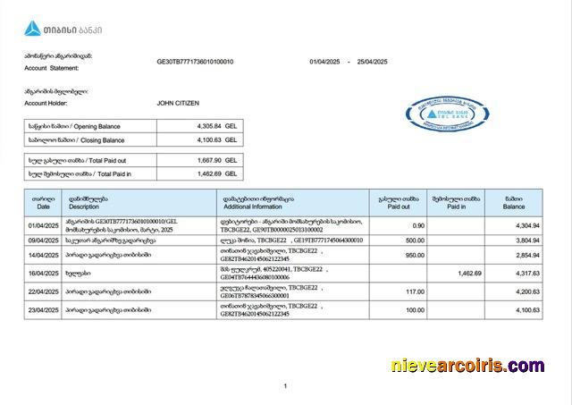 Georgia TBC Bank account statement Word and PDF